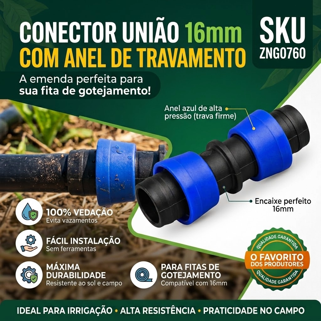 União 16mm com Anel Liso Azul para Irrigação por Gotejamento