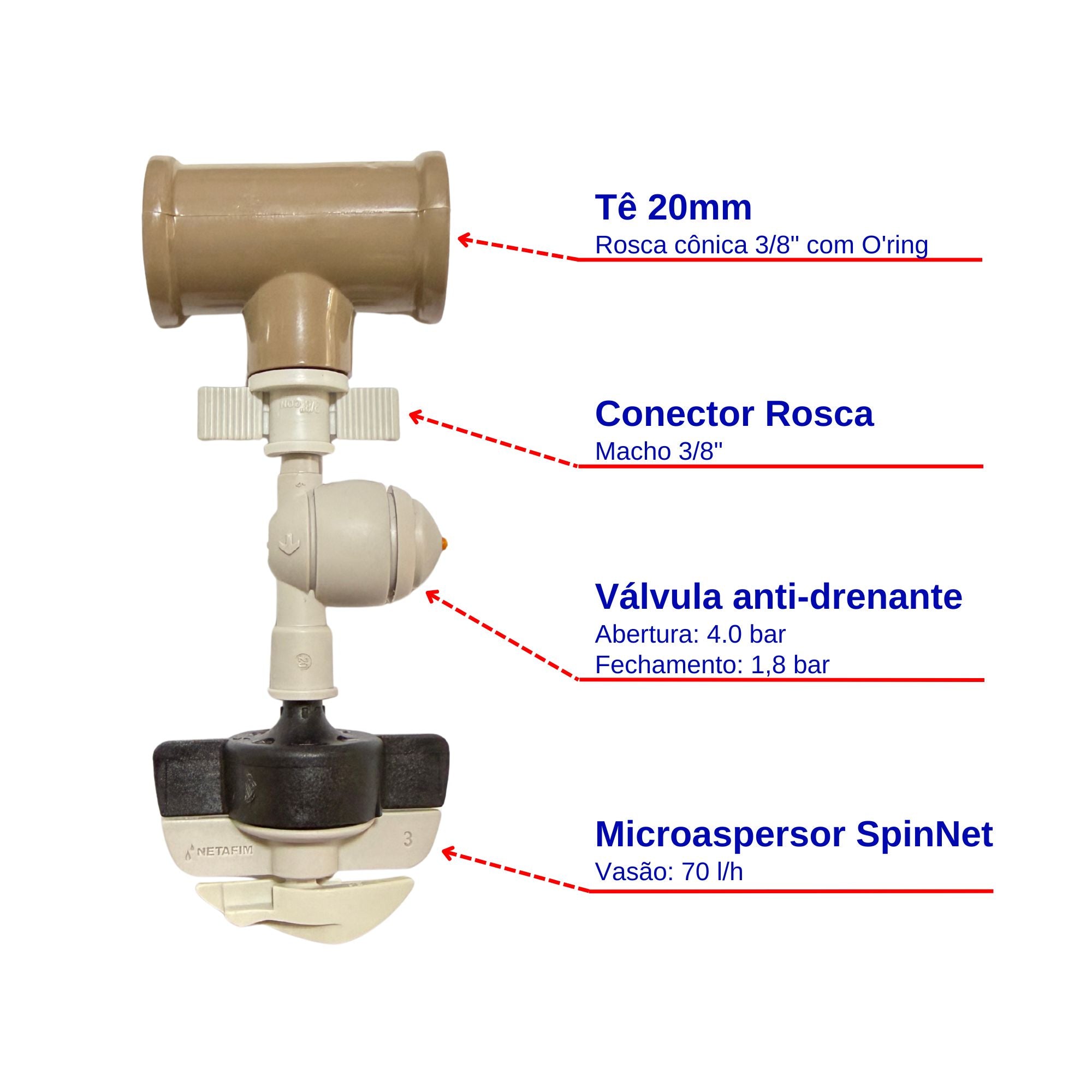Kit Spinnet + Válvula Anti-drenante + Conector 3/8" + Tê