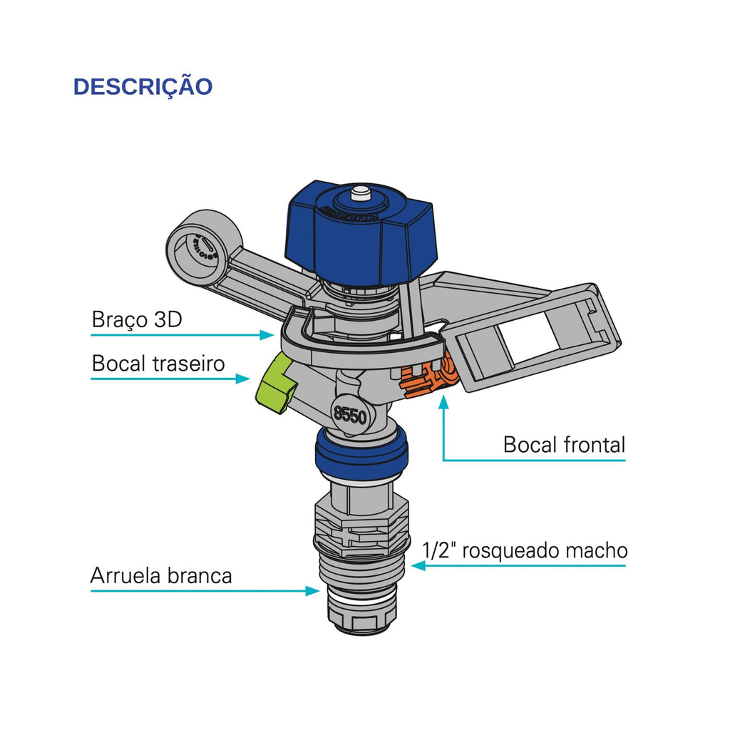 Aspersor de Impacto c/ Braço 3D D - Net 8550 - 680 l/h - 05 Unid. - Zanagro
