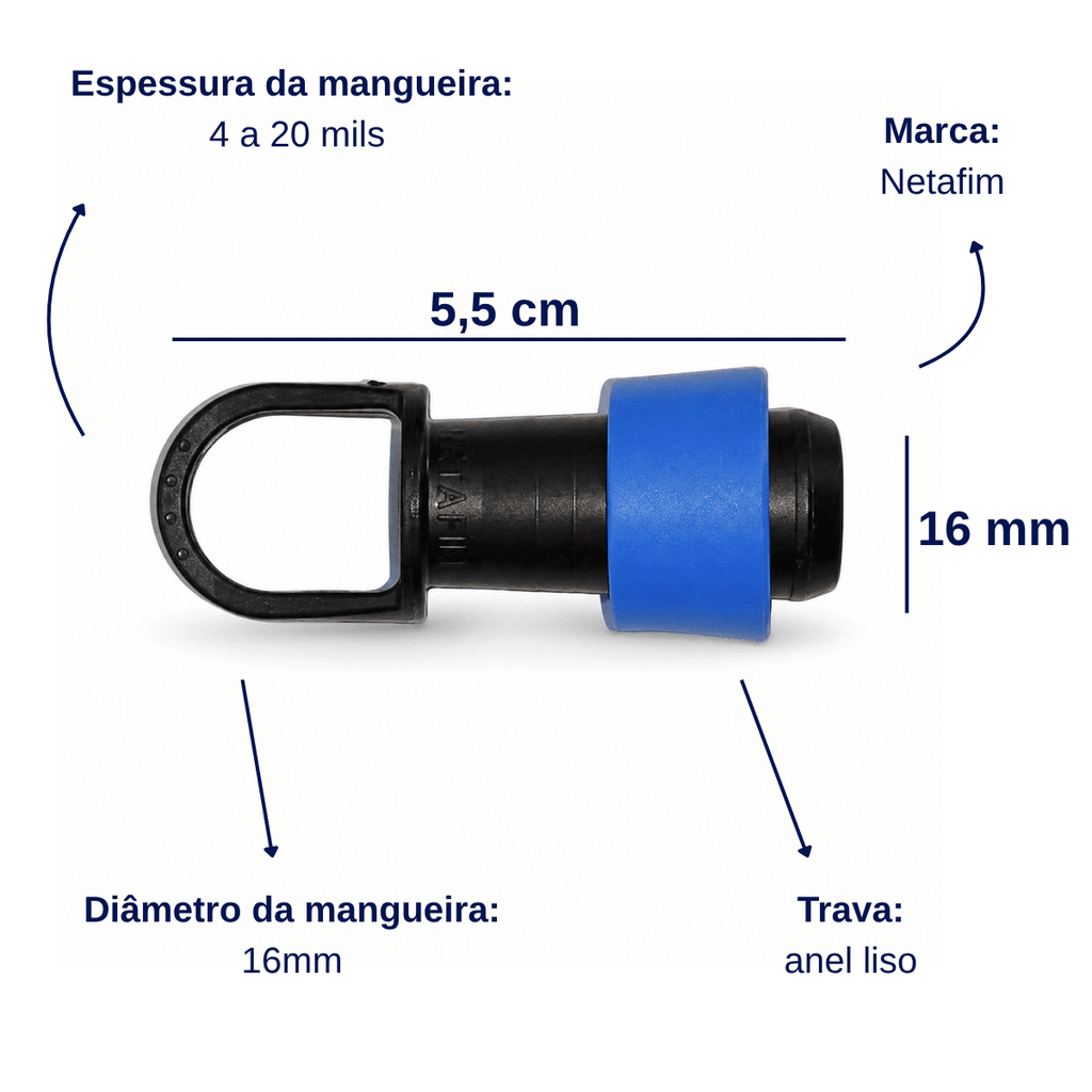 Conector Final 16mm com Anel Azul Netafim - 10 unid. - Zanagro