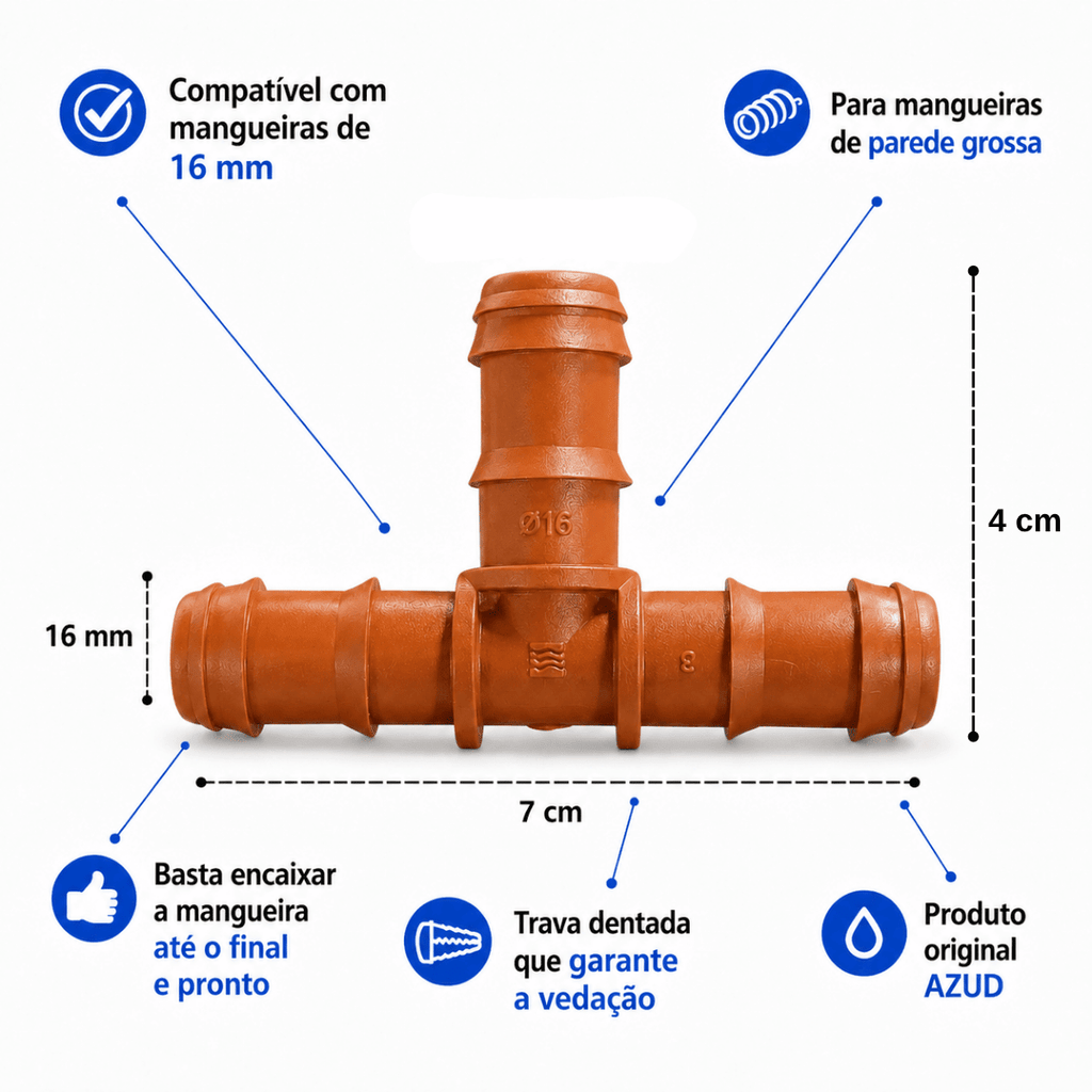 Conector Tê Dentado 16mm Azud - 100 unid - Zanagro