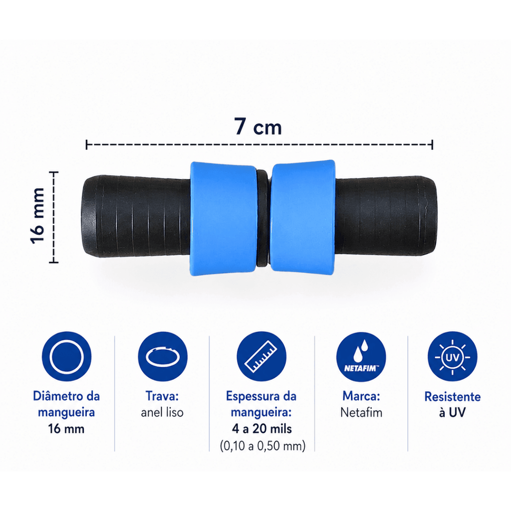 Conector União 16mm com Anel Azul Netafim - 10 unid. - Zanagro