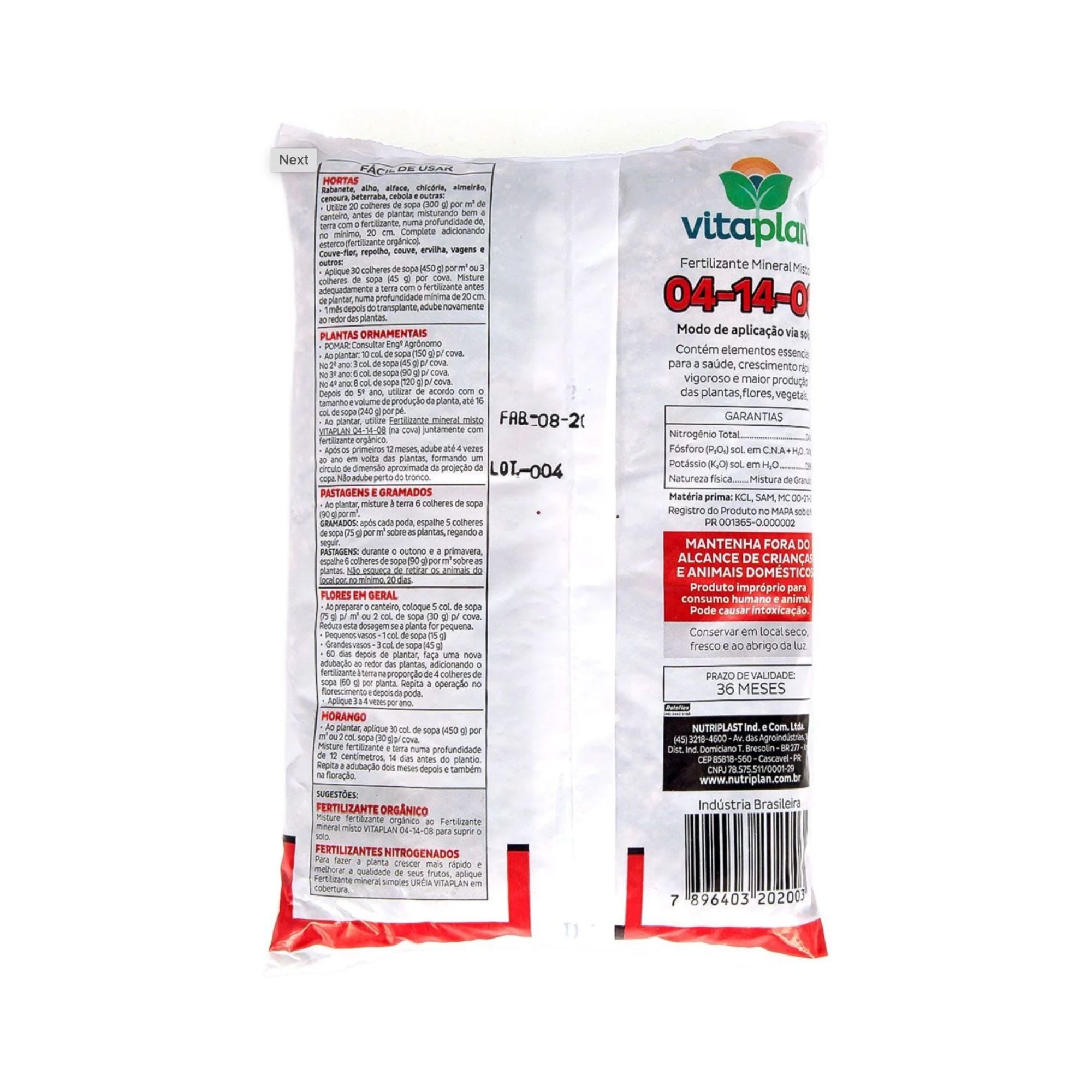 Fertilizante Mineral NPK 4 - 14 - 8 1kg - Vitaplan - Zanagro