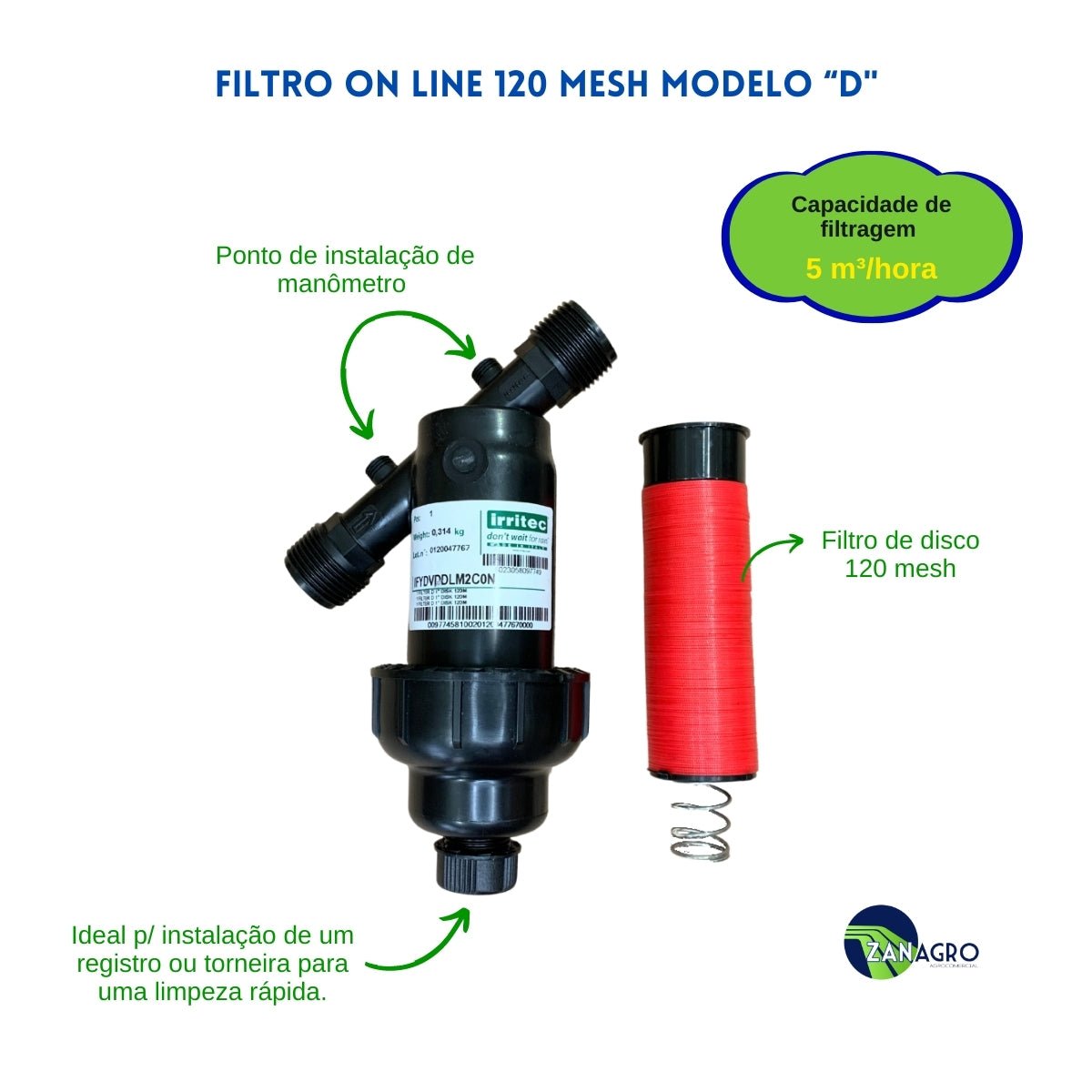 Filtro de Disco Modelo D 120 Mesh 5 m³/h 1" - Irritec - Zanagro
