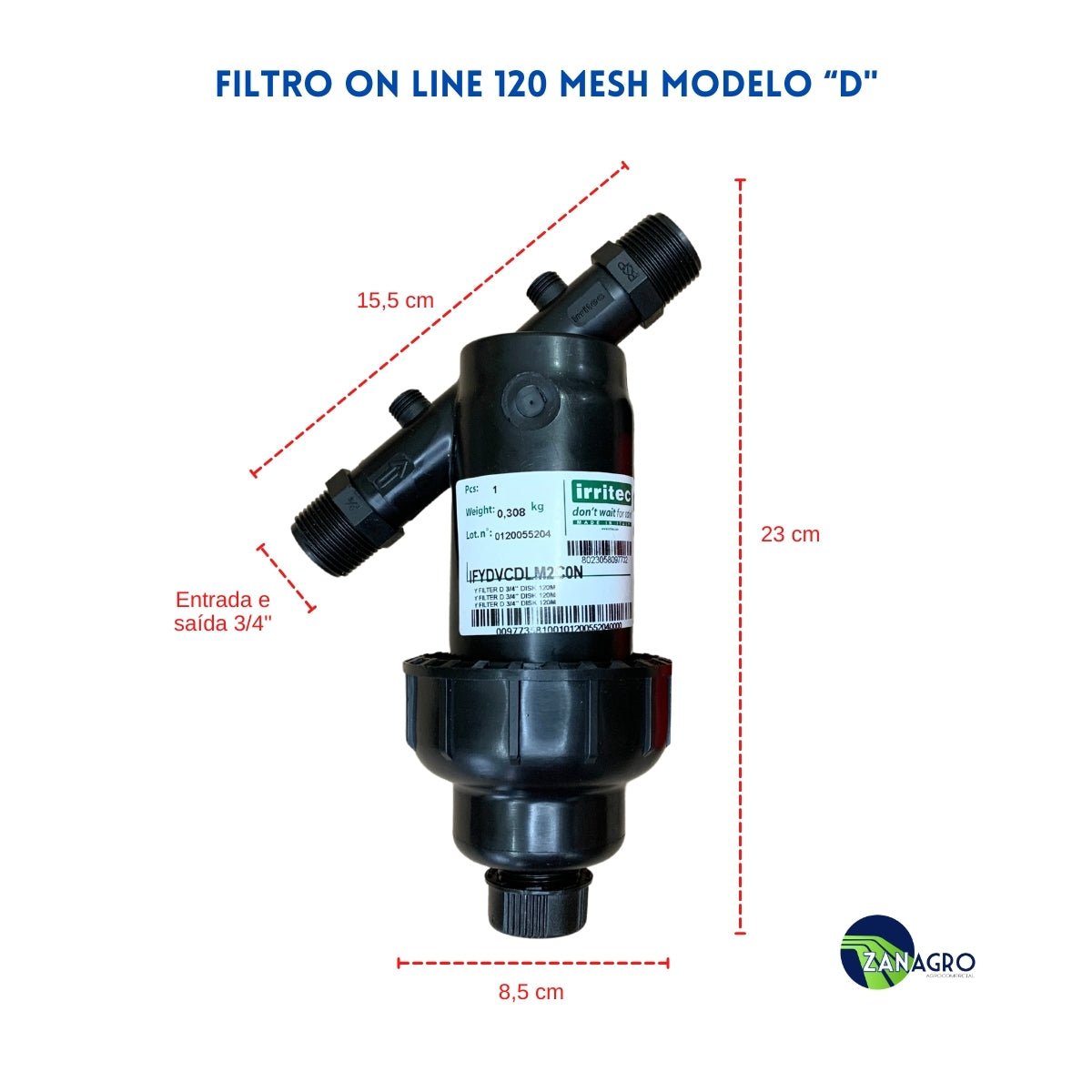 Filtro de Disco Modelo D 120 Mesh 5 m³/h 3/4" - Irritec - Zanagro