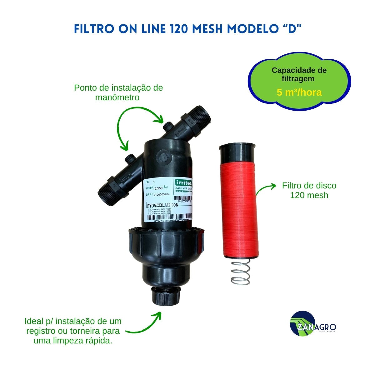 Filtro de Disco Modelo D 120 Mesh 5 m³/h 3/4" - Irritec - Zanagro