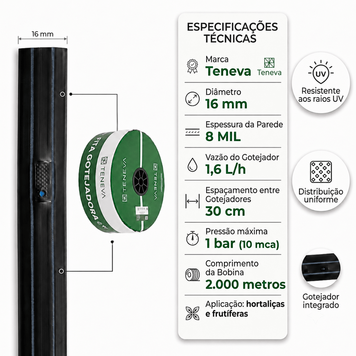 Fita Gotejadora Teneva NC 16mm 8MIL 1,6l/h - 2.000 metros - Zanagro