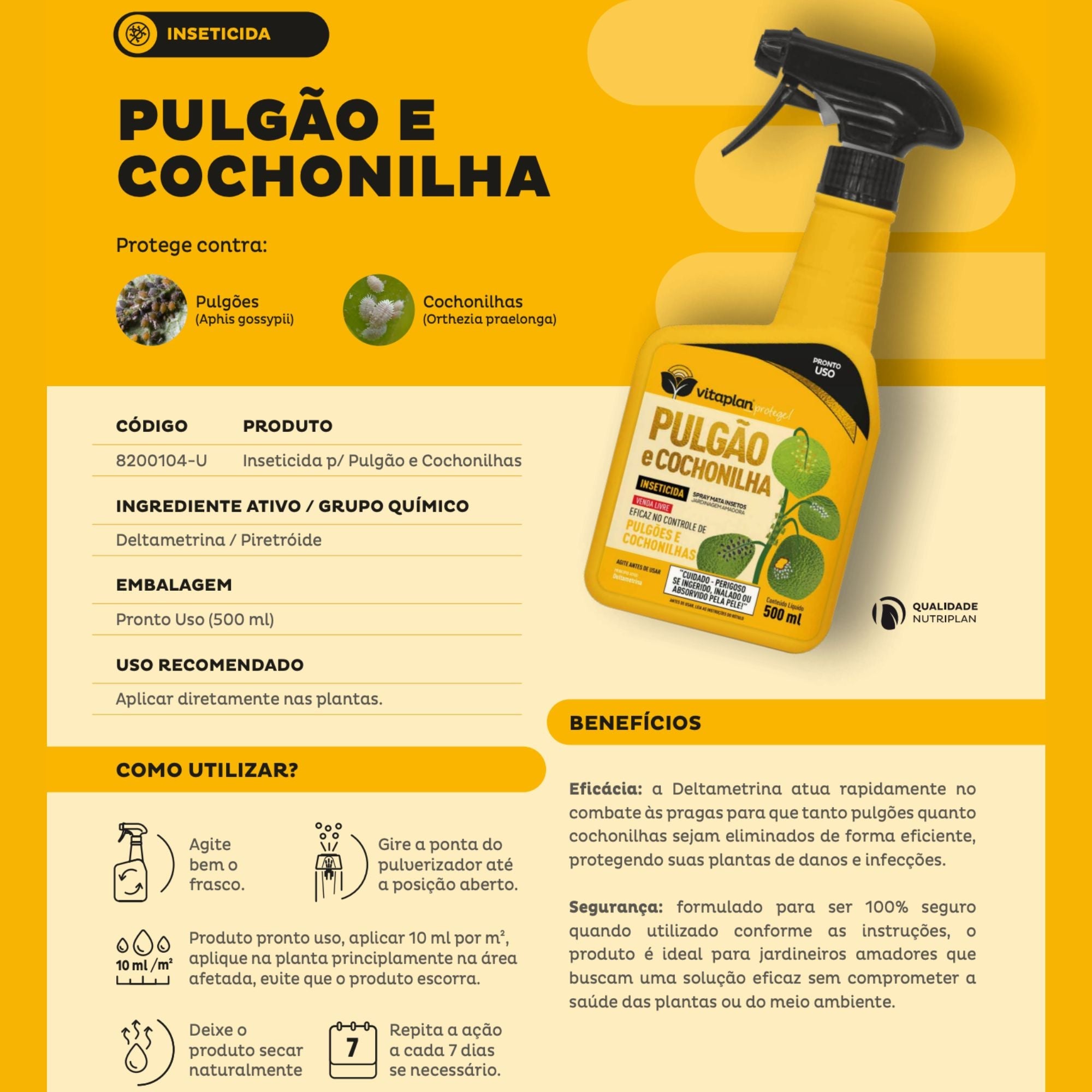 Inseticida Pulgão e Cochonilha Pronto Uso 500ml - Vitaplan - Zanagro