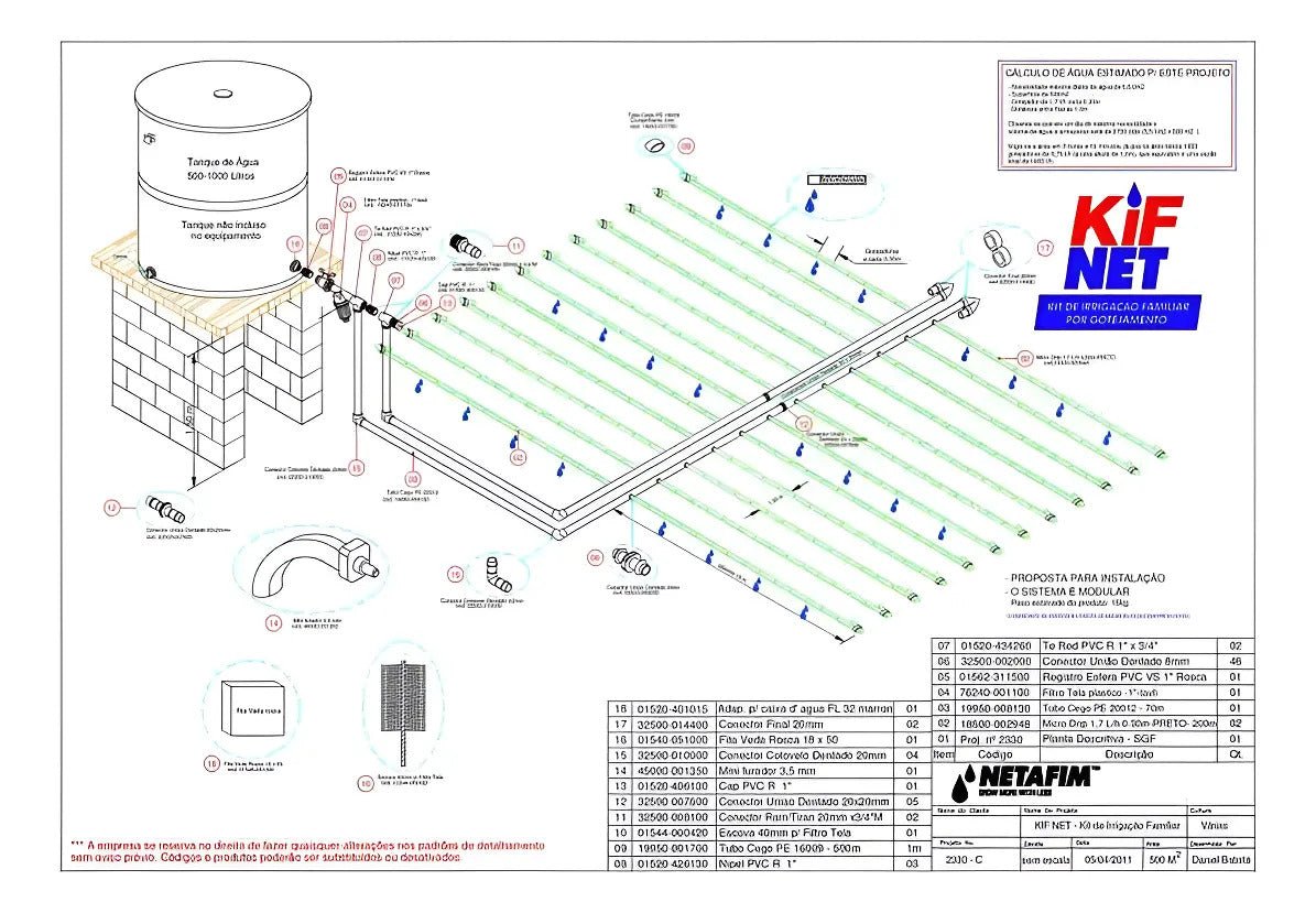 Kit Irrigação Familiar Por Gotejamento Kifnet 500 m² - Netafim - Zanagro