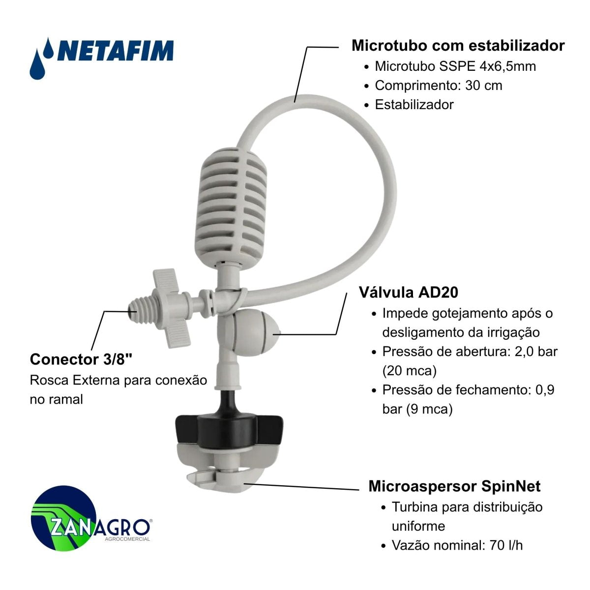 Kit Microaspersor Netafim SpinNet 70 l/h + Microtubo 30cm com Estabilizador + Válvula AD20 + Conector 3/8" - 50 unid. - Zanagro