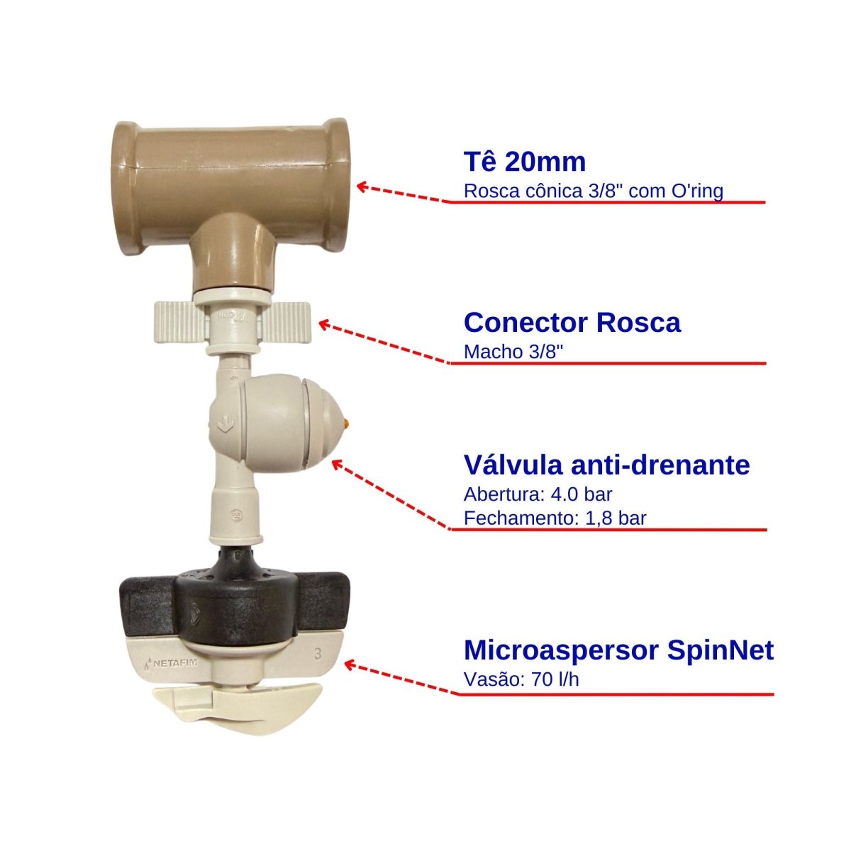 Kit Spinnet + Válvula Anti-drenante + Conector 3/8" + Tê - Zanagro