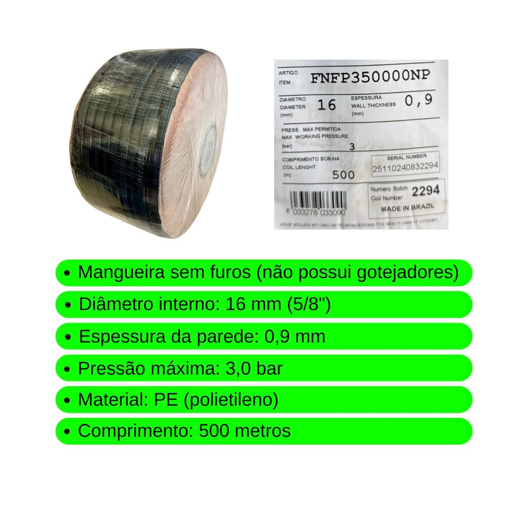 Mangueira Cega / Tubo PE 16mm PN30 500 metros - Irritec - Zanagro