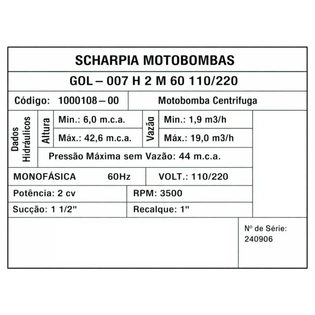 Motobomba Centrífuga Gol - 007H 2cv 60h 18,5m³/h Bivolt - Scharpia - Zanagro