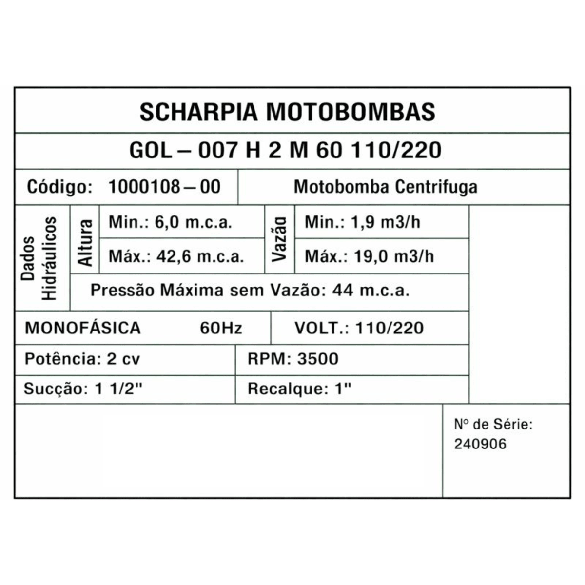 Motobomba Centrífuga Gol - 007H 2cv 60h 18,5m³/h Bivolt - Scharpia - Zanagro