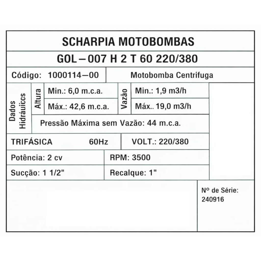 Motobomba Centrífuga Gol - 007H 2cv 60h 18,5m³/h Trifásico - Scharpia - Zanagro