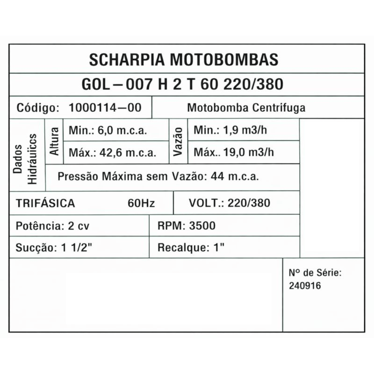 Motobomba Centrífuga Gol - 007H 2cv 60h 18,5m³/h Trifásico - Scharpia - Zanagro