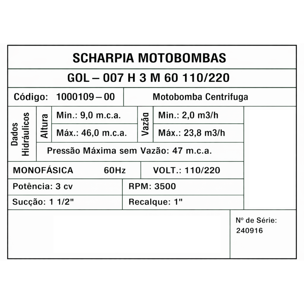Motobomba Centrífuga Gol - 007H 3cv 60h 23,5m³/h Bivolt - Scharpia - Zanagro