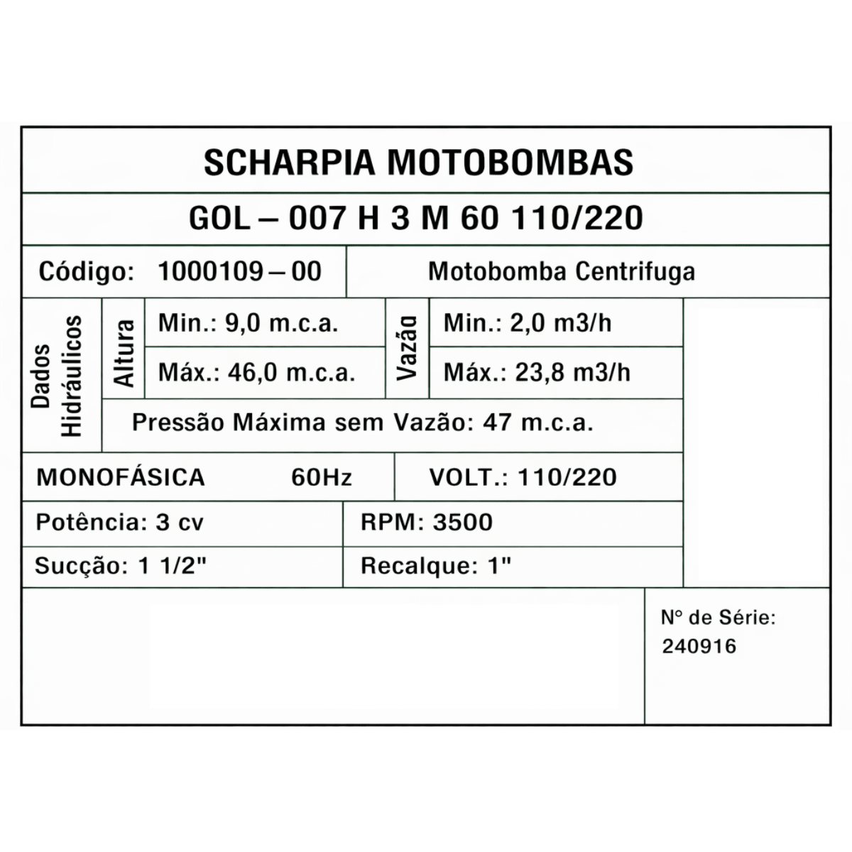 Motobomba Centrífuga Gol - 007H 3cv 60h 23,5m³/h Bivolt - Scharpia - Zanagro