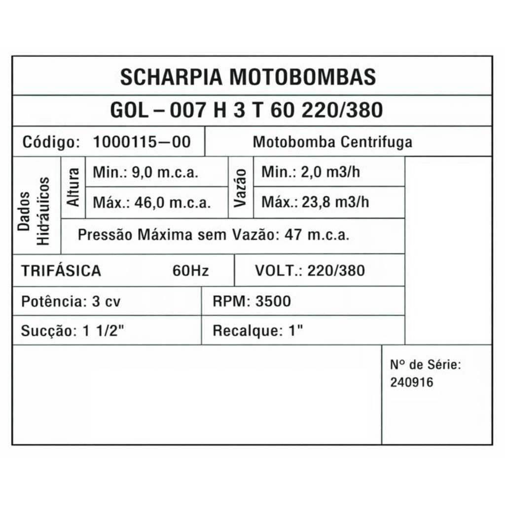 Motobomba Centrífuga Gol - 007H 3cv 60h 23,5m³/h Trifásico - Scharpia - Zanagro