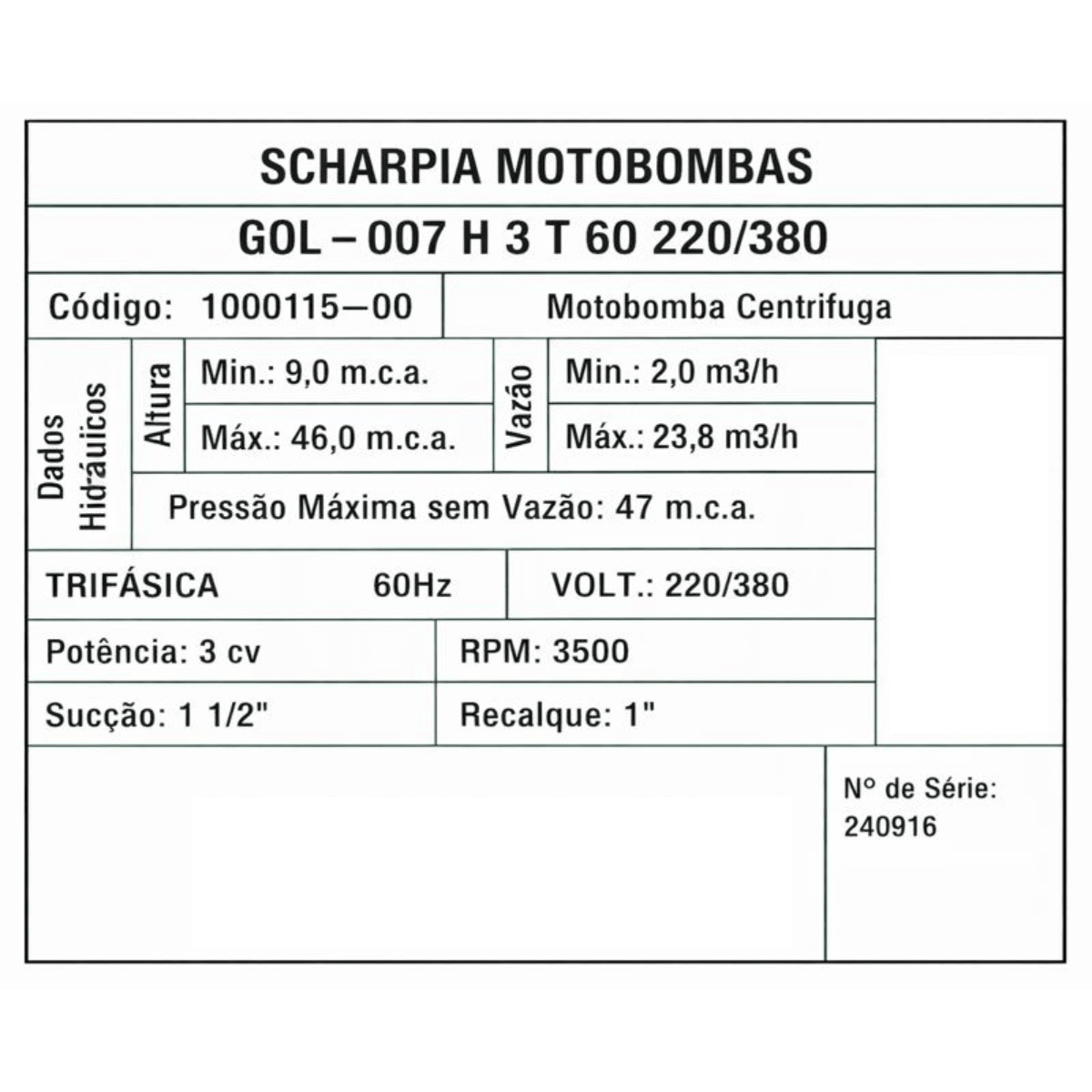 Motobomba Centrífuga Gol - 007H 3cv 60h 23,5m³/h Trifásico - Scharpia - Zanagro